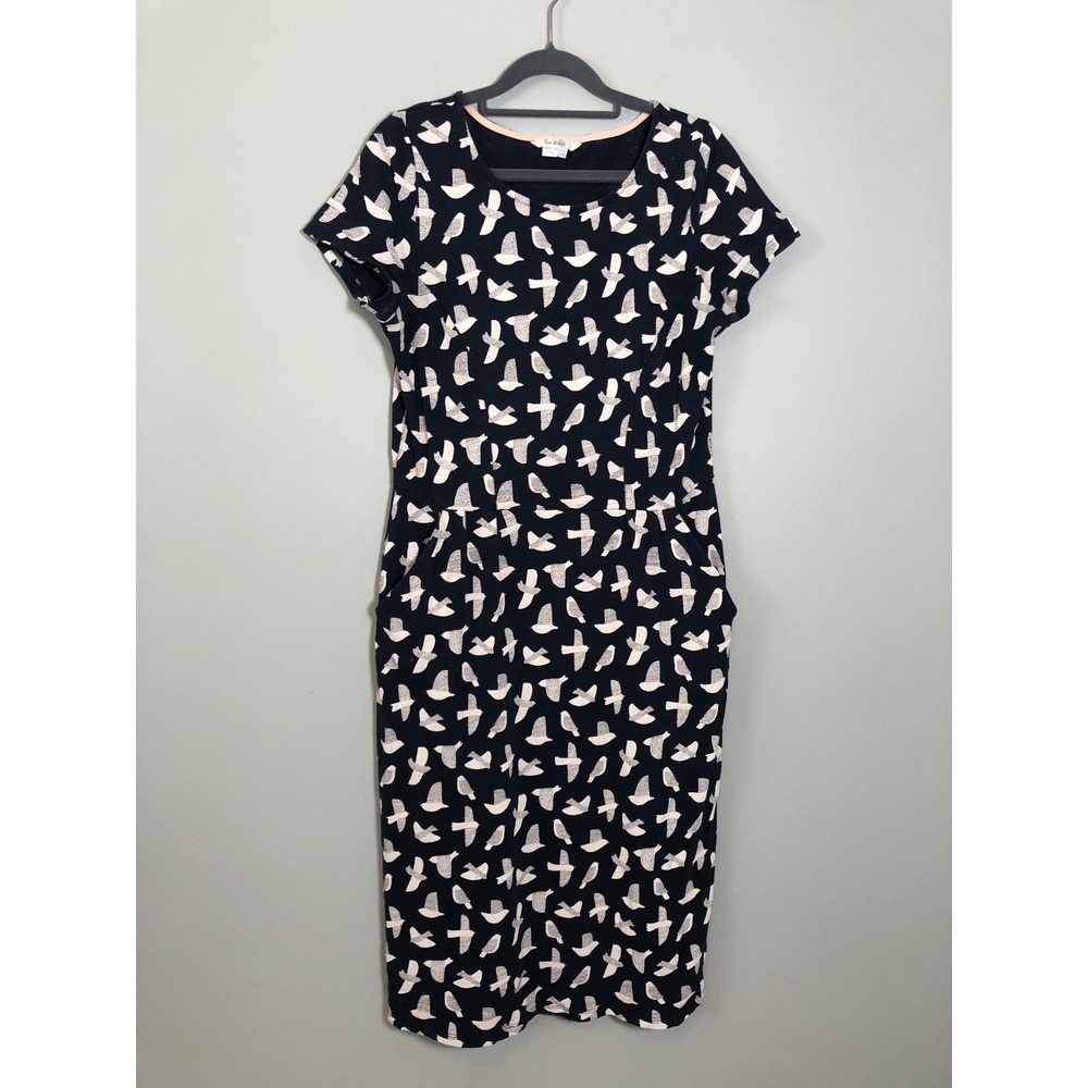 Boden Bird Print Jersey Dress Women 8L Navy Blue Short Sleeve Pockets WW202
